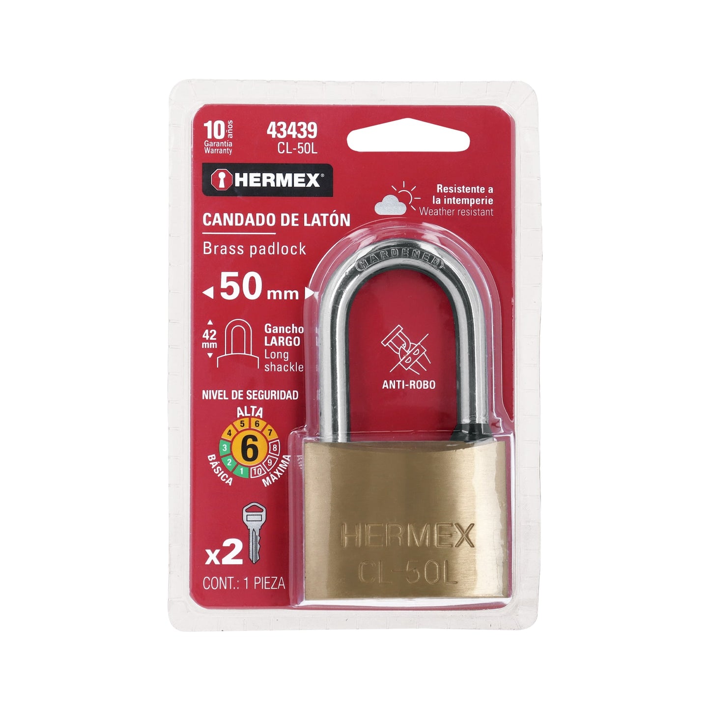 Candado de latón de 50 mm con gancho largo