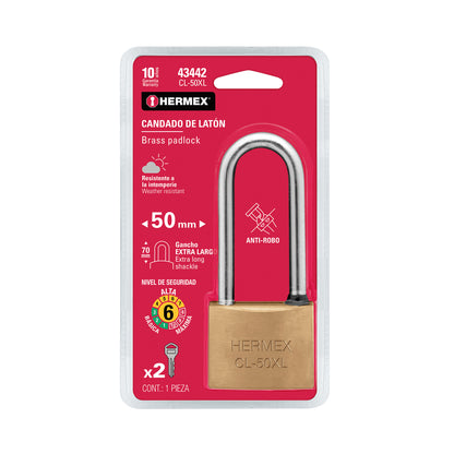 Candado de latón de 50 mm con gancho extra largo