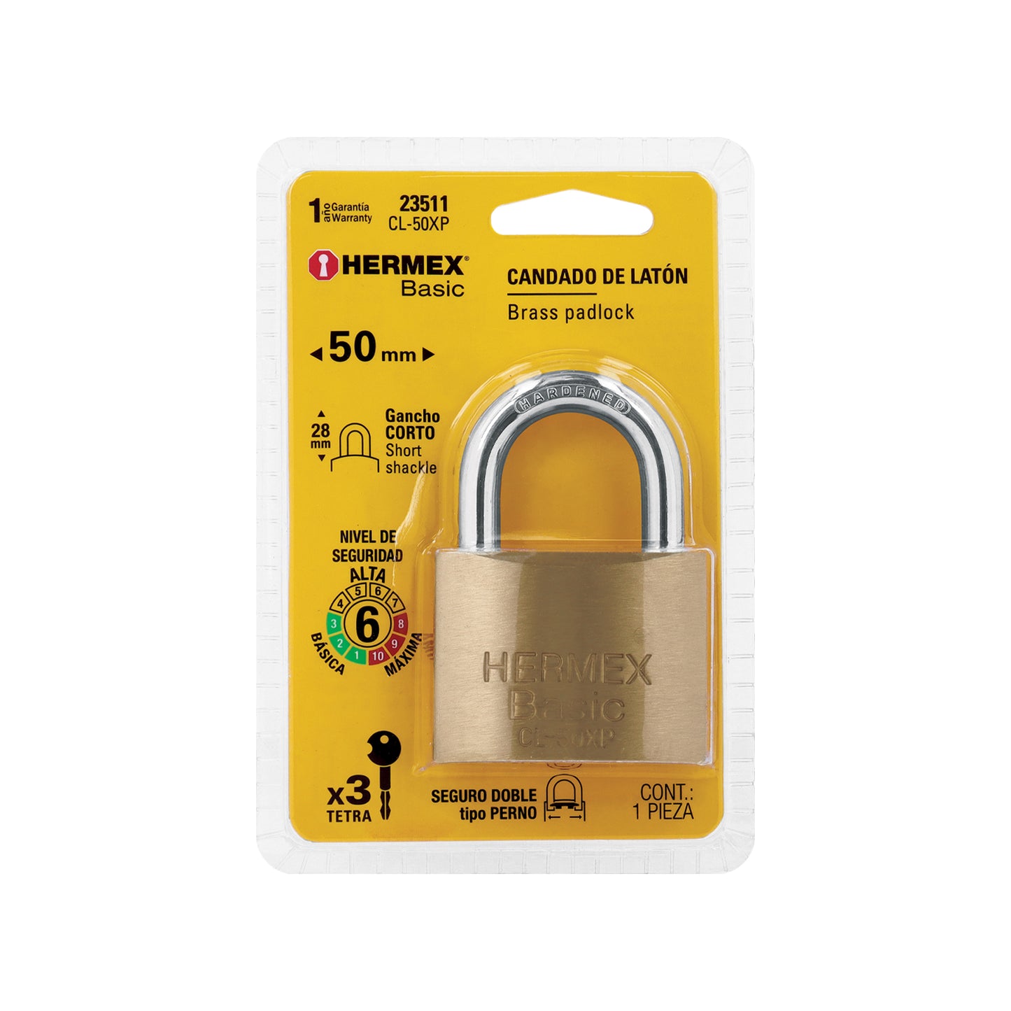 Candado de latón de 50 mm con llave tetra