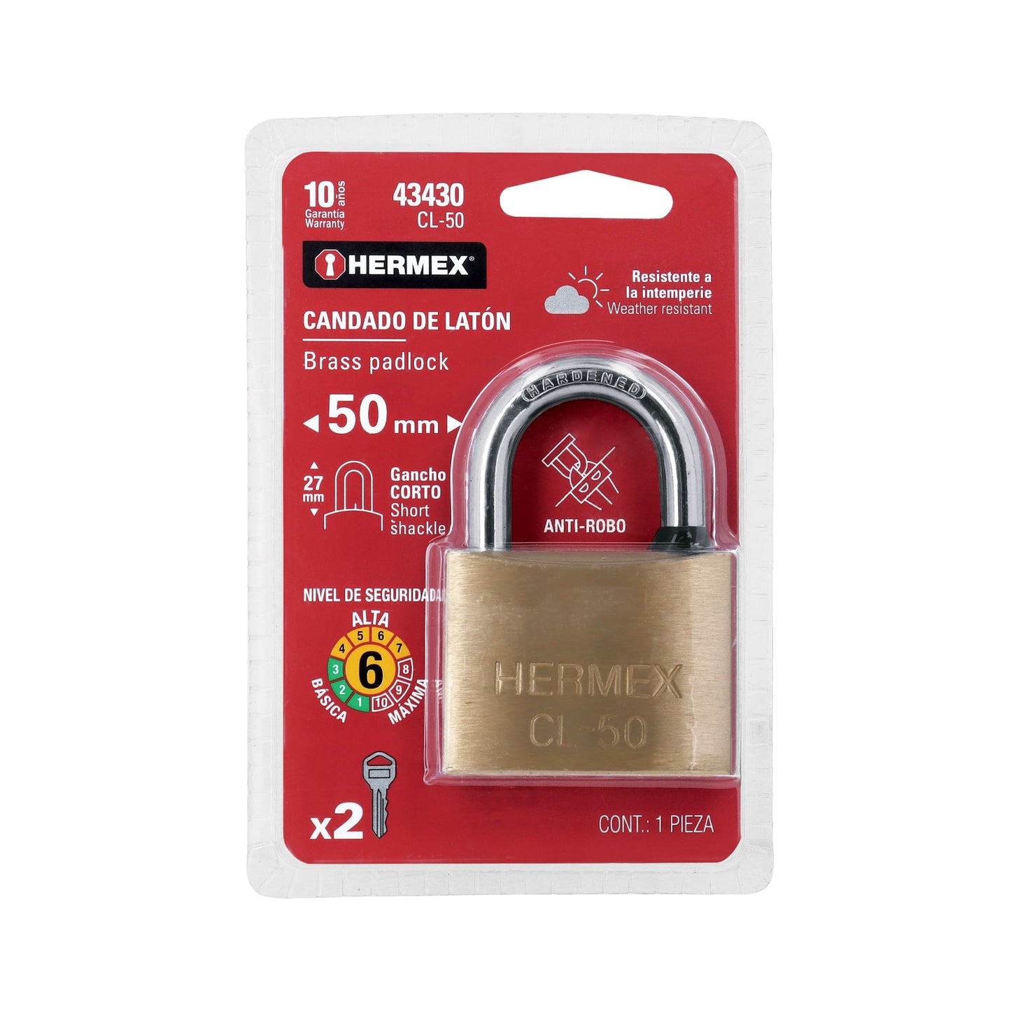 Candado de latón de 50 mm con gancho corto