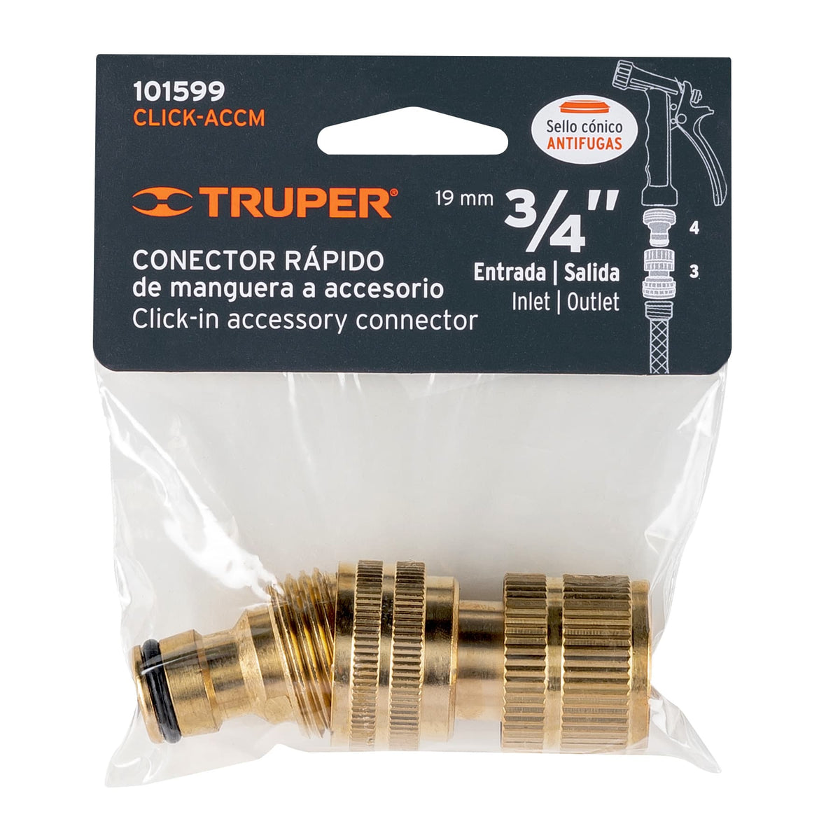 Conector rápido de latón, manguera-acc, sistema Click, 3/4" · vista 3