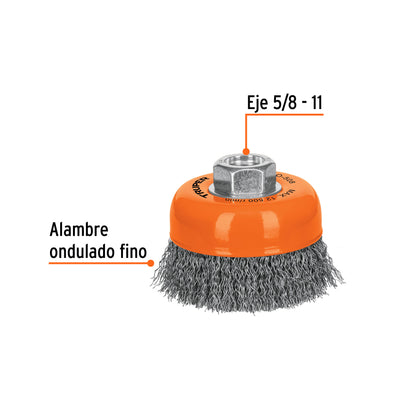 Cepillo de copa de alambre copa ondulado fino 3 pulg 5/8-11