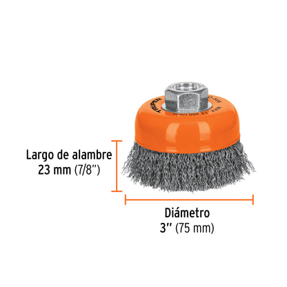 Cepillo de copa de alambre copa ondulado fino 3 pulg 5/8-11