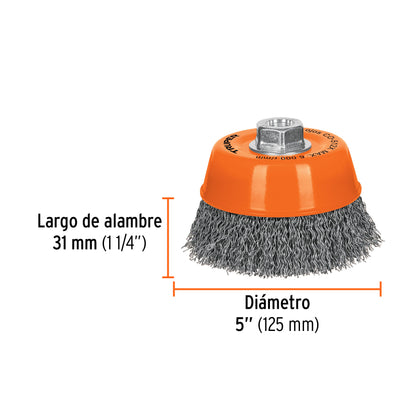 Carda copa 5" alambre ondulado grueso, eje 5/8"-11 · vista 3