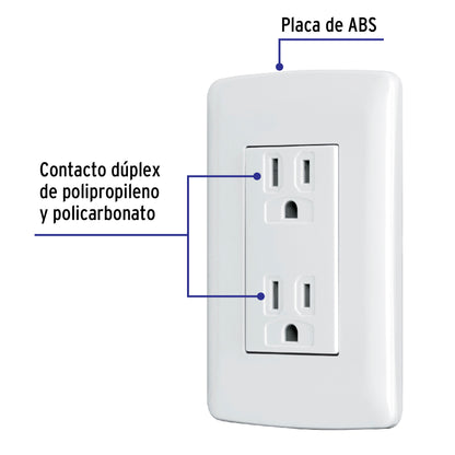 Contacto dúplex aterrizado de 127 V y 16 A con placa blanca