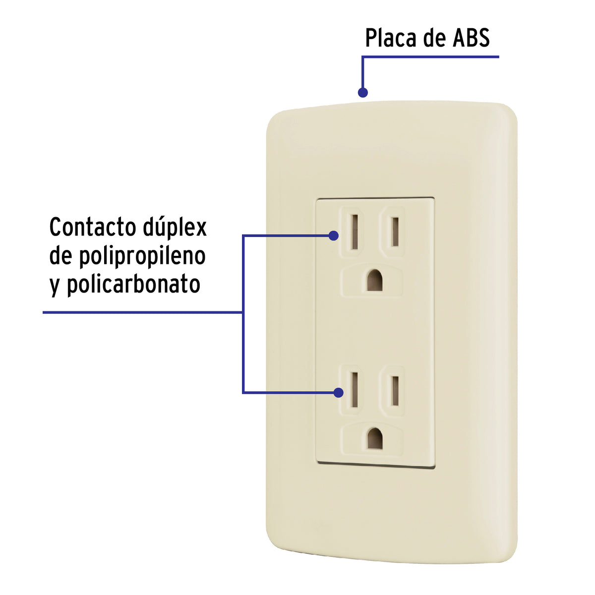 Contacto dúplex aterrizado de 127 V y 16 A con placa marfil