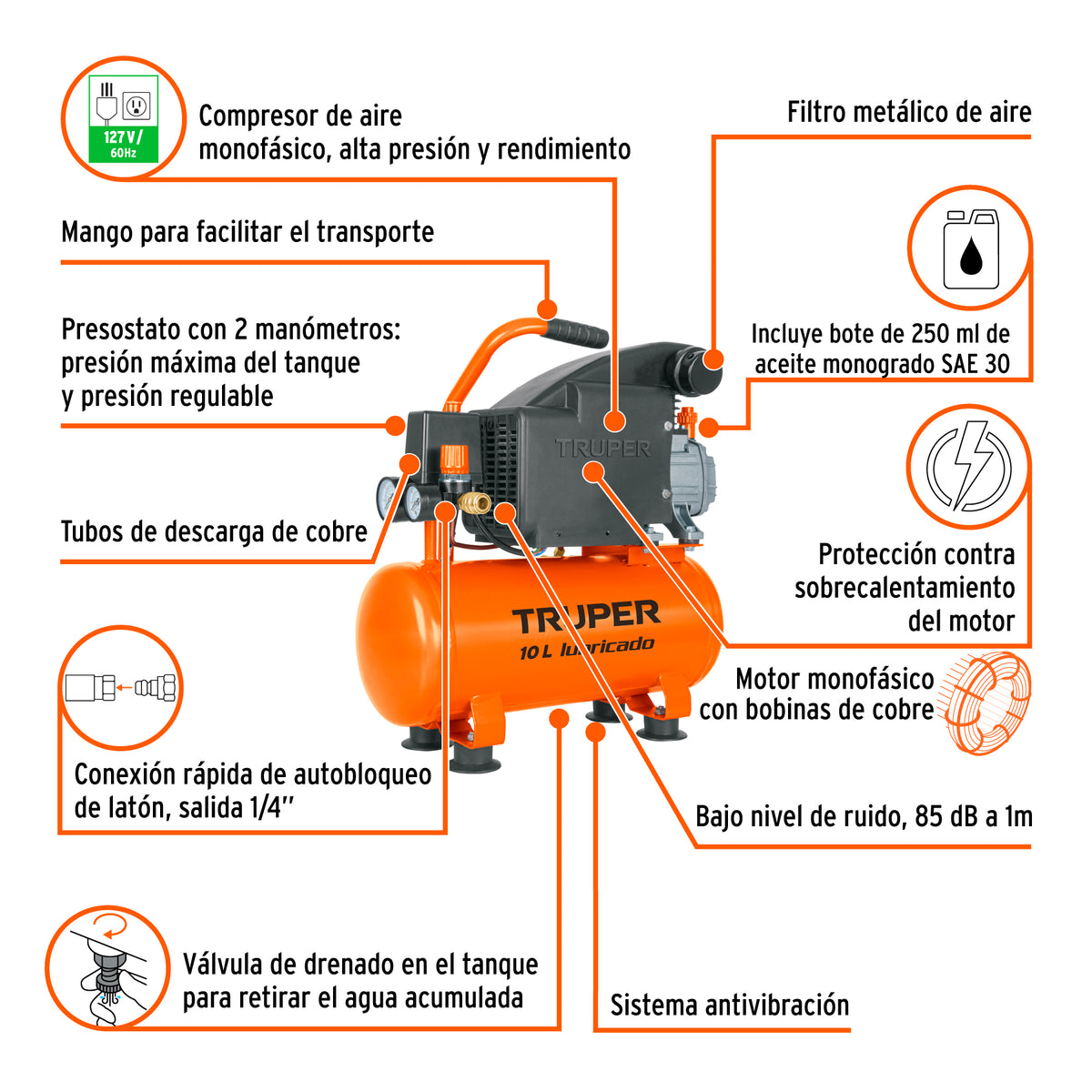 Compresor lubricado, 10 L, 2HP, horizontal, 127 V · vista 4