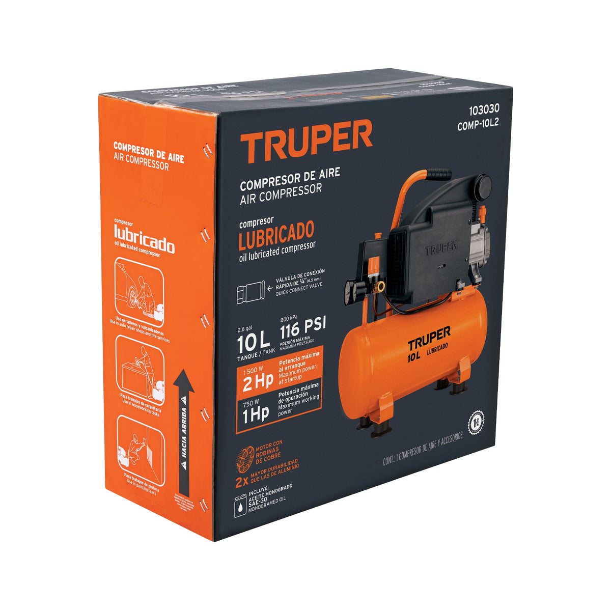 Compresor lubricado, 10 L, 2HP, horizontal, 127 V · vista 3