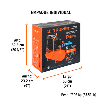 Compresor lubricado, 10 L, 2HP, horizontal, 127 V · vista 6