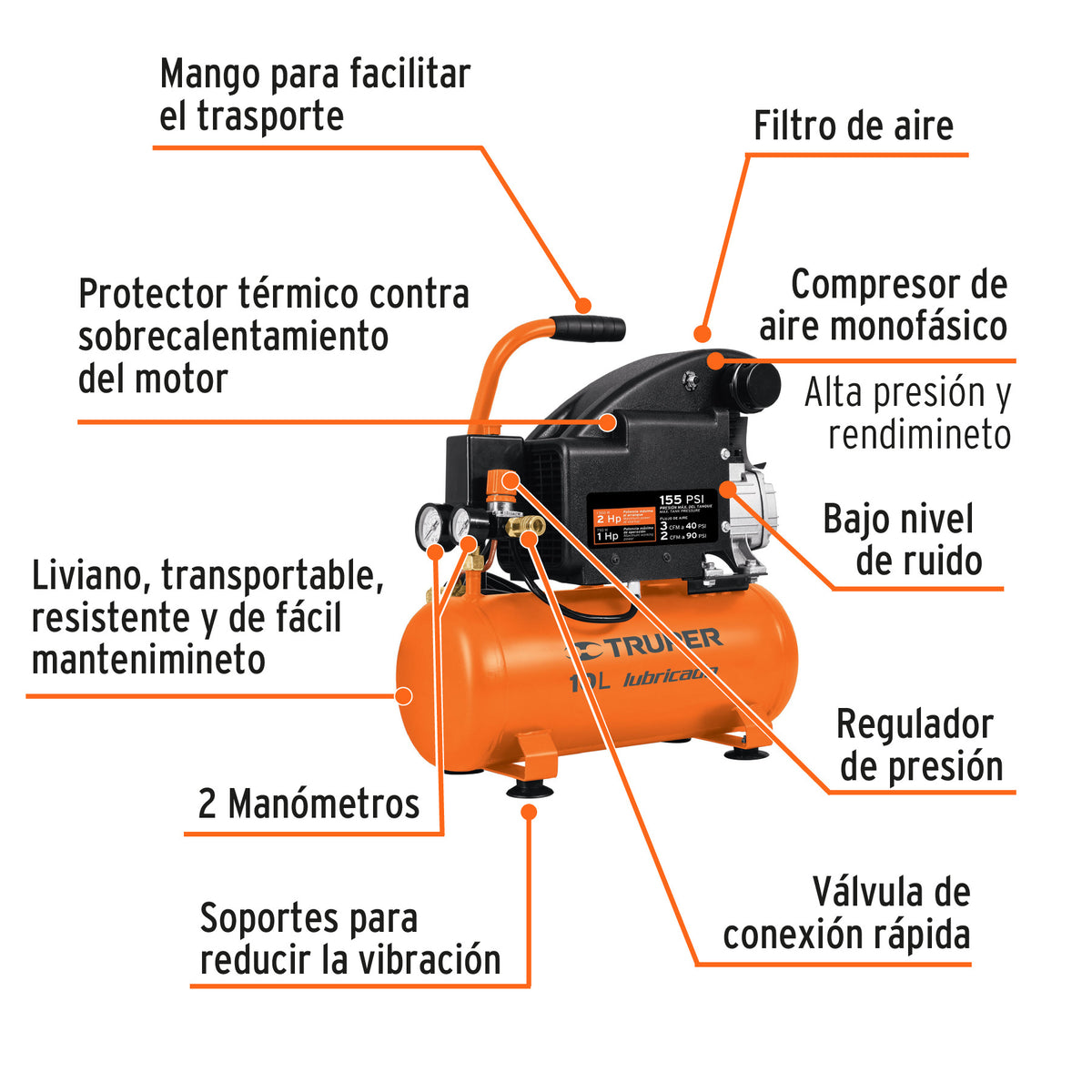 Compresor lubricado 10 L horizontal 2 HP