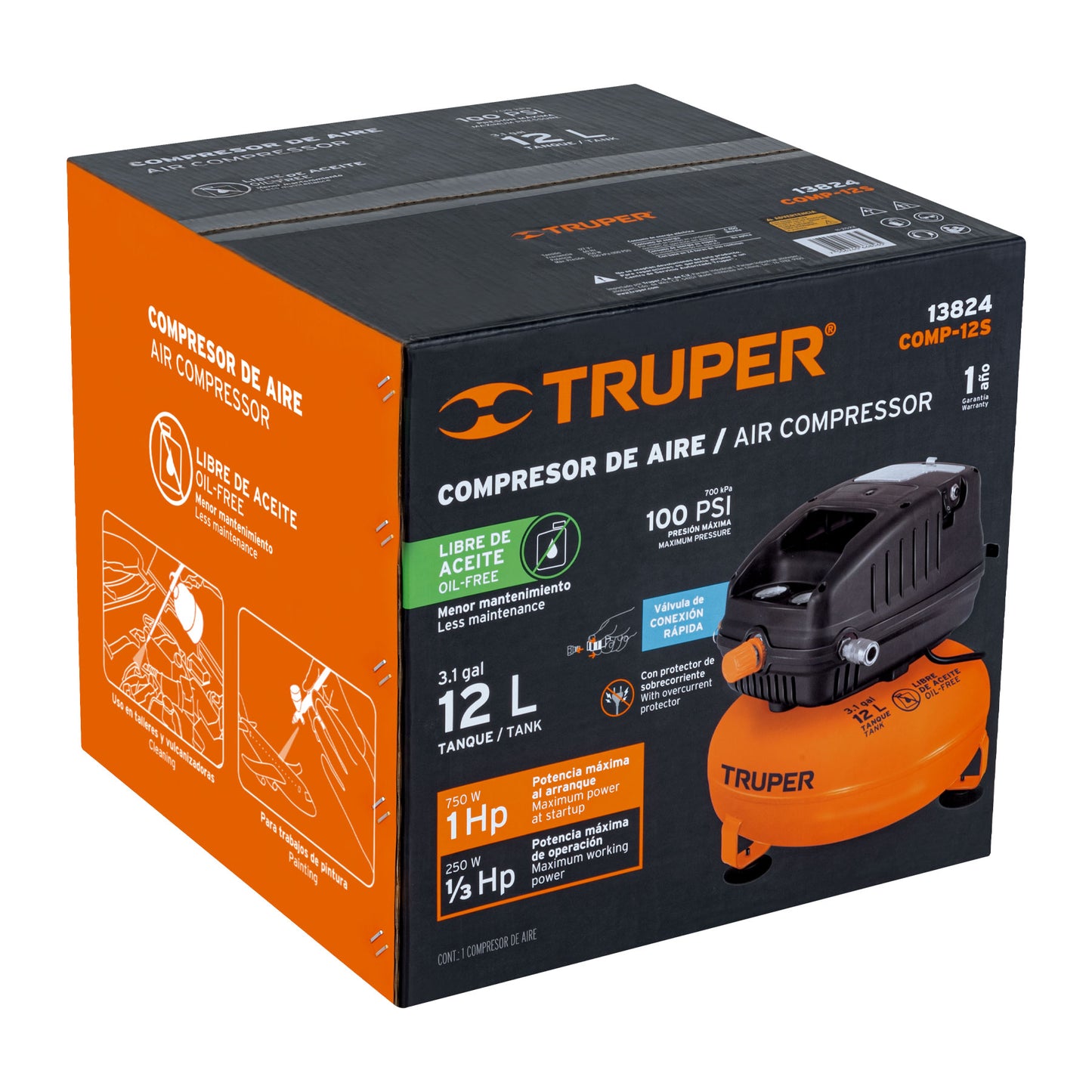 Compresor libre de aceite de 12 L y 1 HP para uso profesional