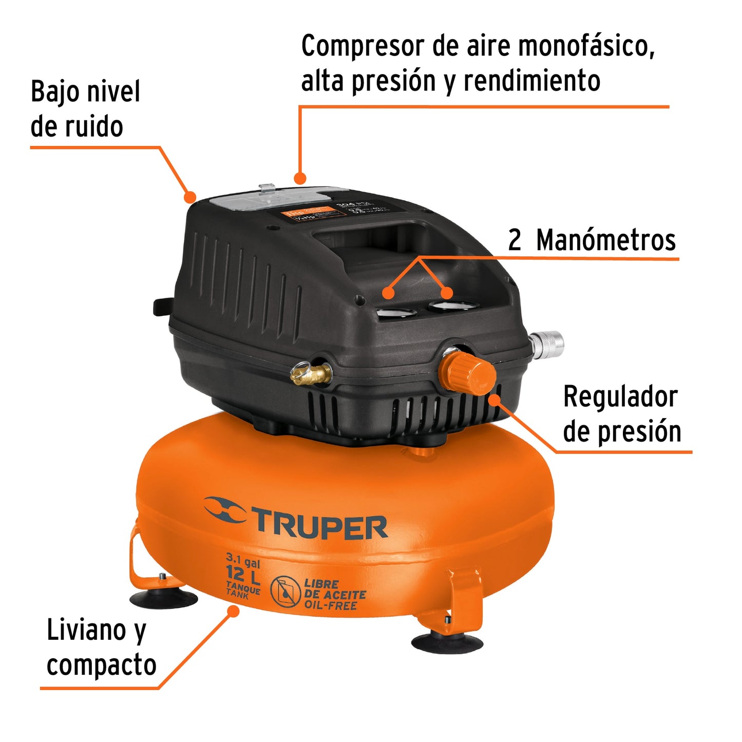 Compresor libre de aceite de 12 L y 1 HP para uso profesional