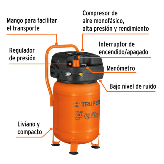 Compresor libre de aceite vertical de 30 L y 3 HP para uso profesional