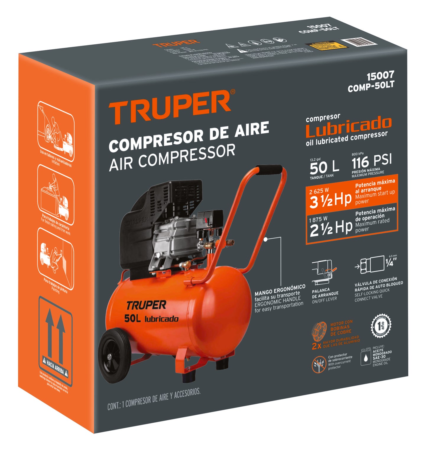 Compresor lubricado 50 L horizontal 3-1/2 HP