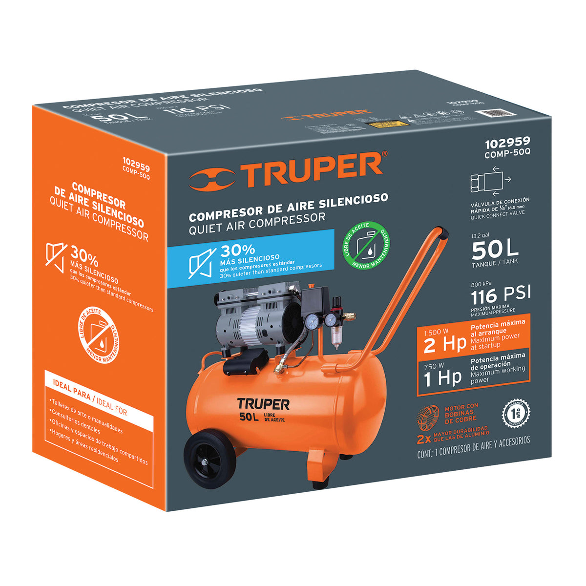 Compresor silencioso libre de aceite, 50L, 2HP, 127V · vista 4
