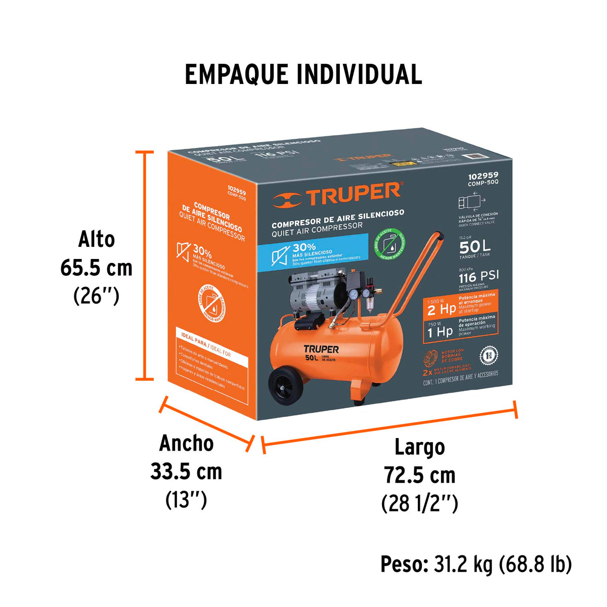 Compresor silencioso libre de aceite, 50L, 2HP, 127V · vista 5