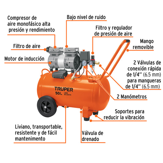 Compresor silencioso libre de aceite, 50L, 2HP, 127V · vista 2
