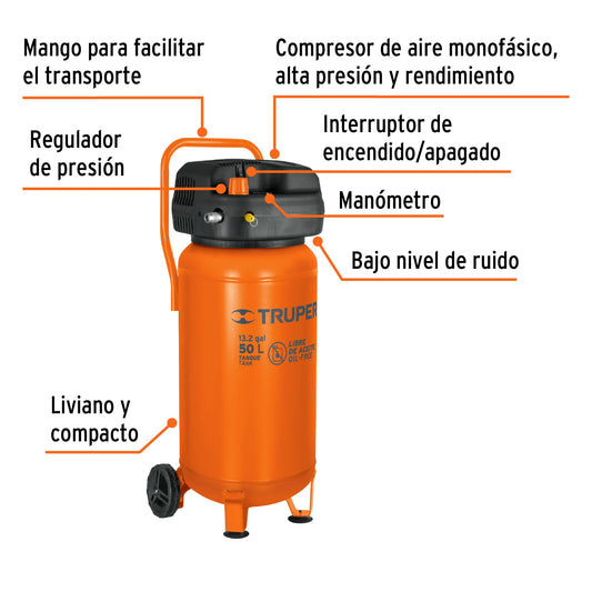 Compresor libre de aceite vertical de 50 L y 3 HP para uso profesional