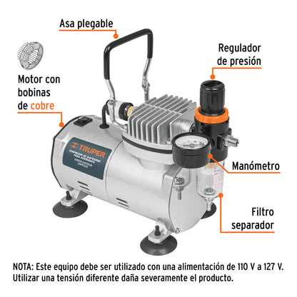 Compresor libre de aceite para aerógrafo de 1/5 HP y 127 V