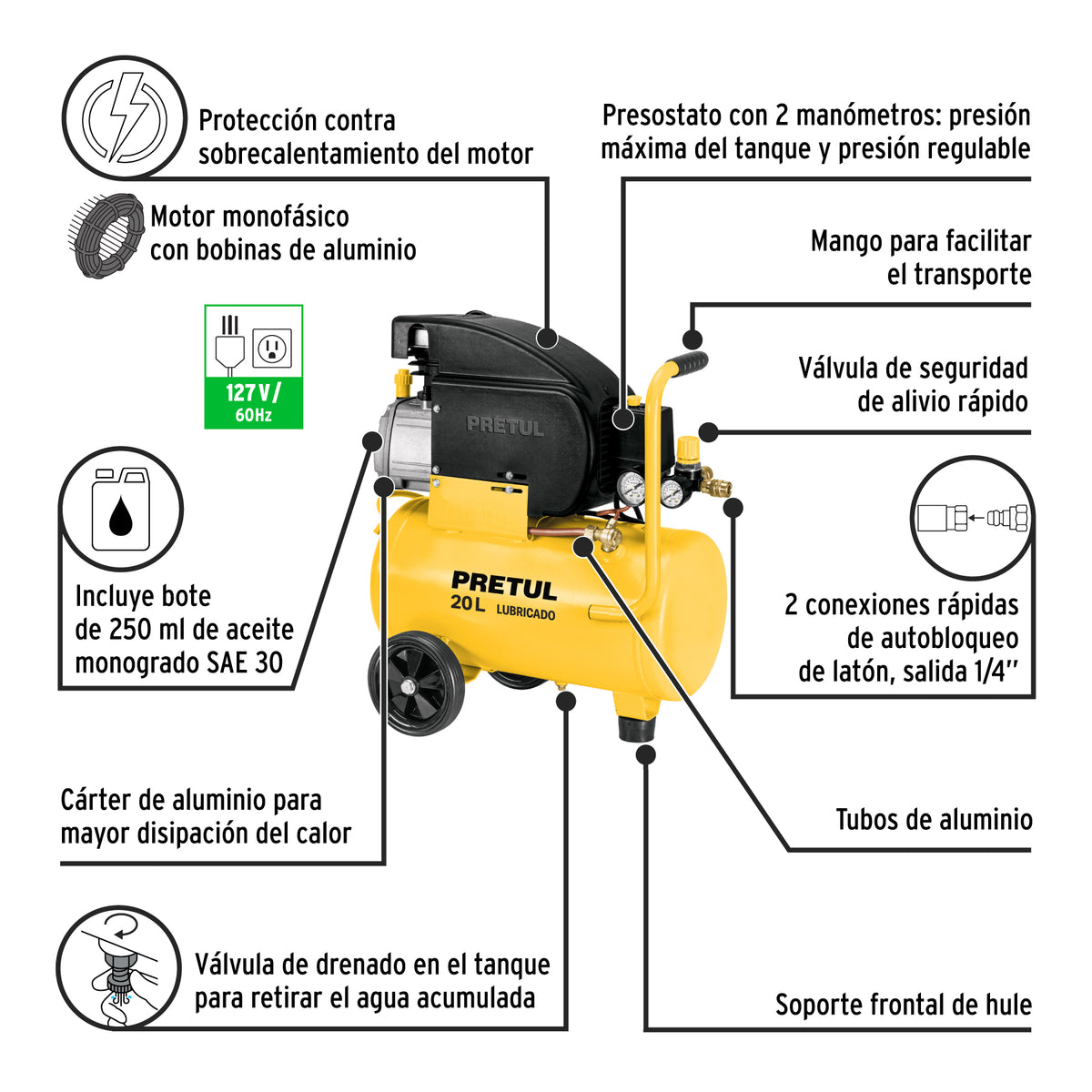 Kit compresor 20L, manguera y pistola gravedad, 127V · vista 4