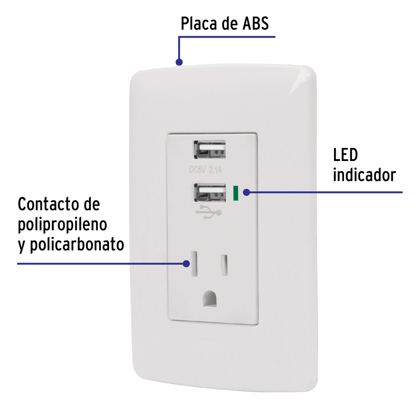 Contacto aterrizado de 127 V con 2 puertos USB y placa blanca