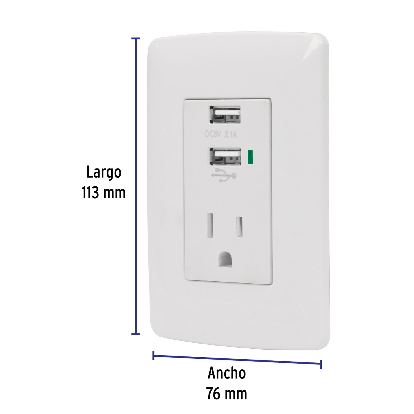Contacto aterrizado de 127 V con 2 puertos USB y placa blanca