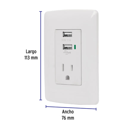 Contacto aterrizado de 127 V con 2 puertos USB y placa blanca