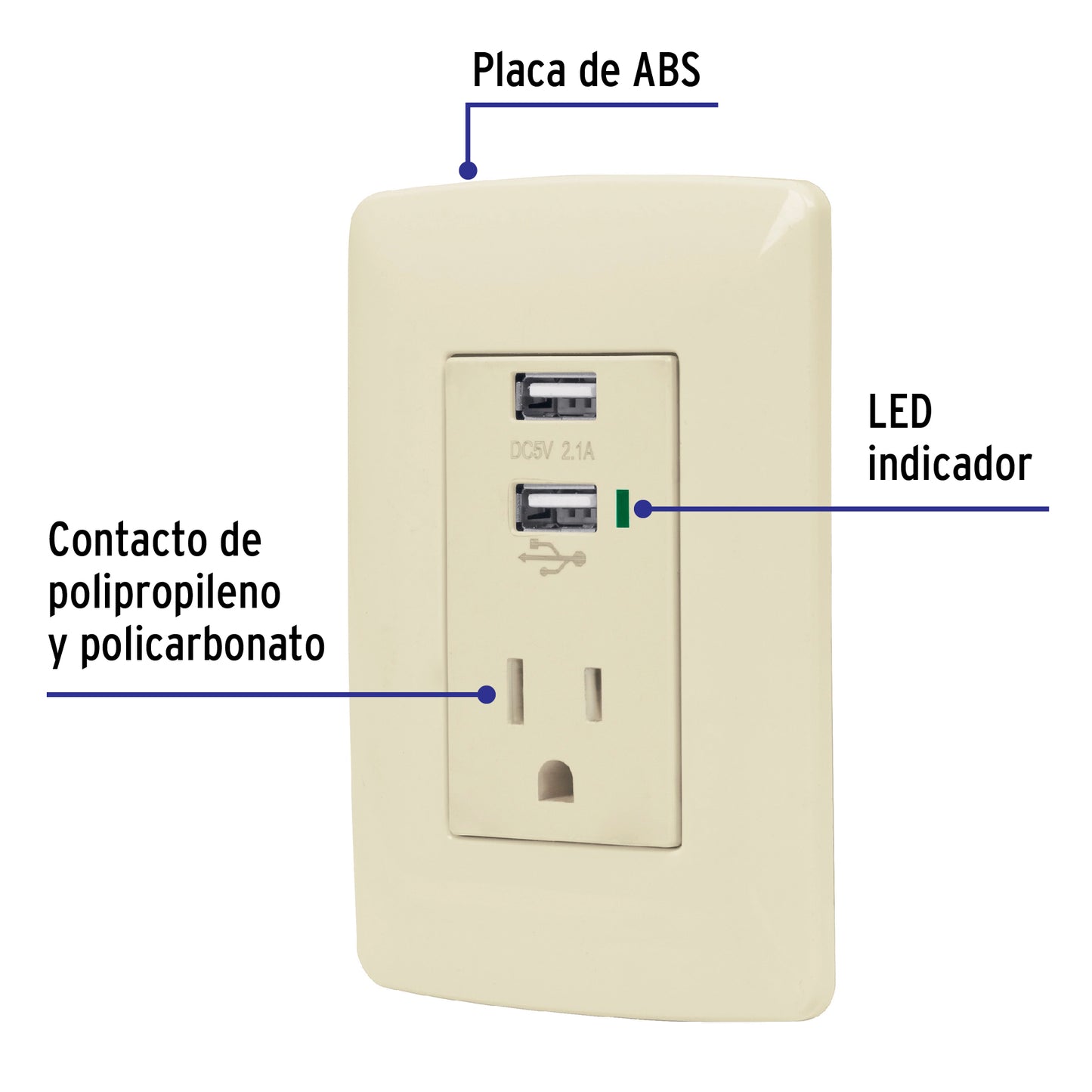Contacto aterrizado de 127 V con 2 puertos USB y placa marfil