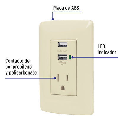 Contacto aterrizado de 127 V con 2 puertos USB y placa marfil