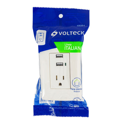 Contacto aterrizado de 127 V con 2 puertos USB y placa marfil