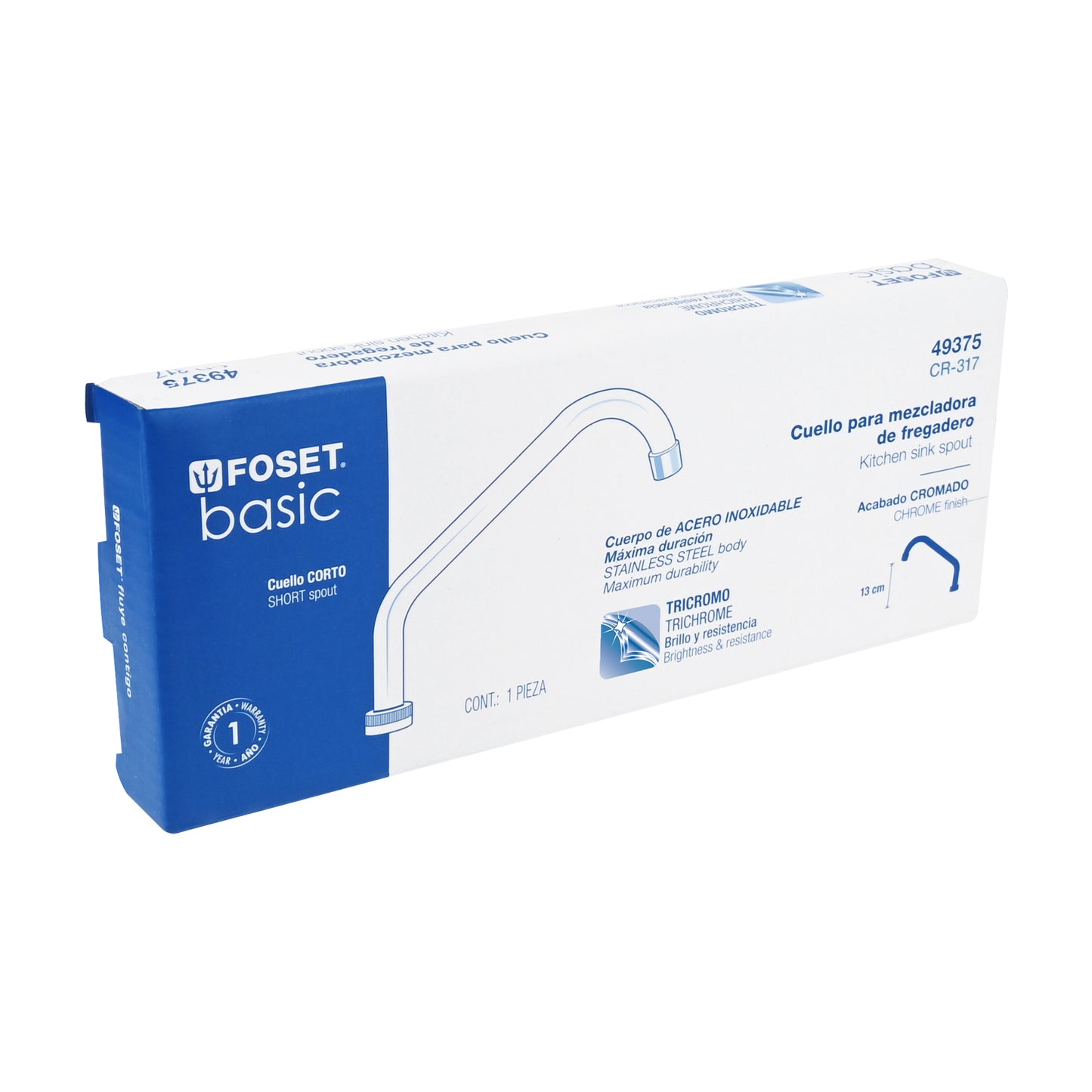 Cuello corto para mezcladora de fregadero de 19 cm en acero inoxidable