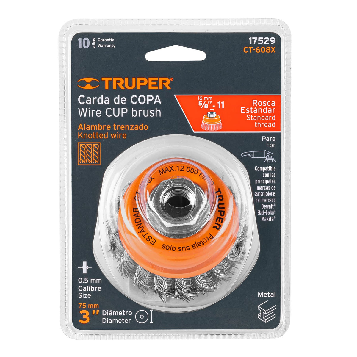 Carda copa 3" alambre trenzado grueso, eje 5/8"-11 · vista 4