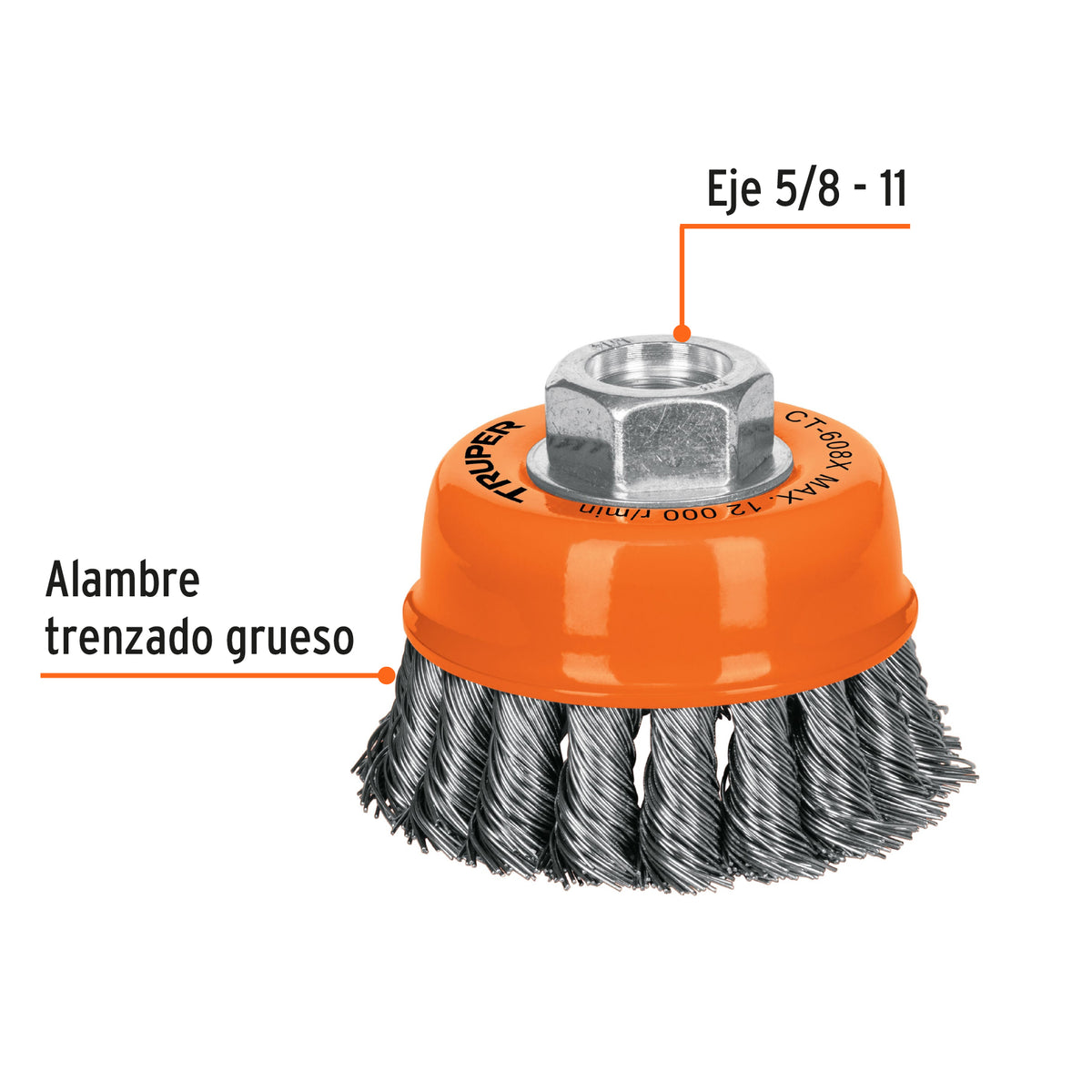 Carda copa 3" alambre trenzado grueso, eje 5/8"-11 · vista 2