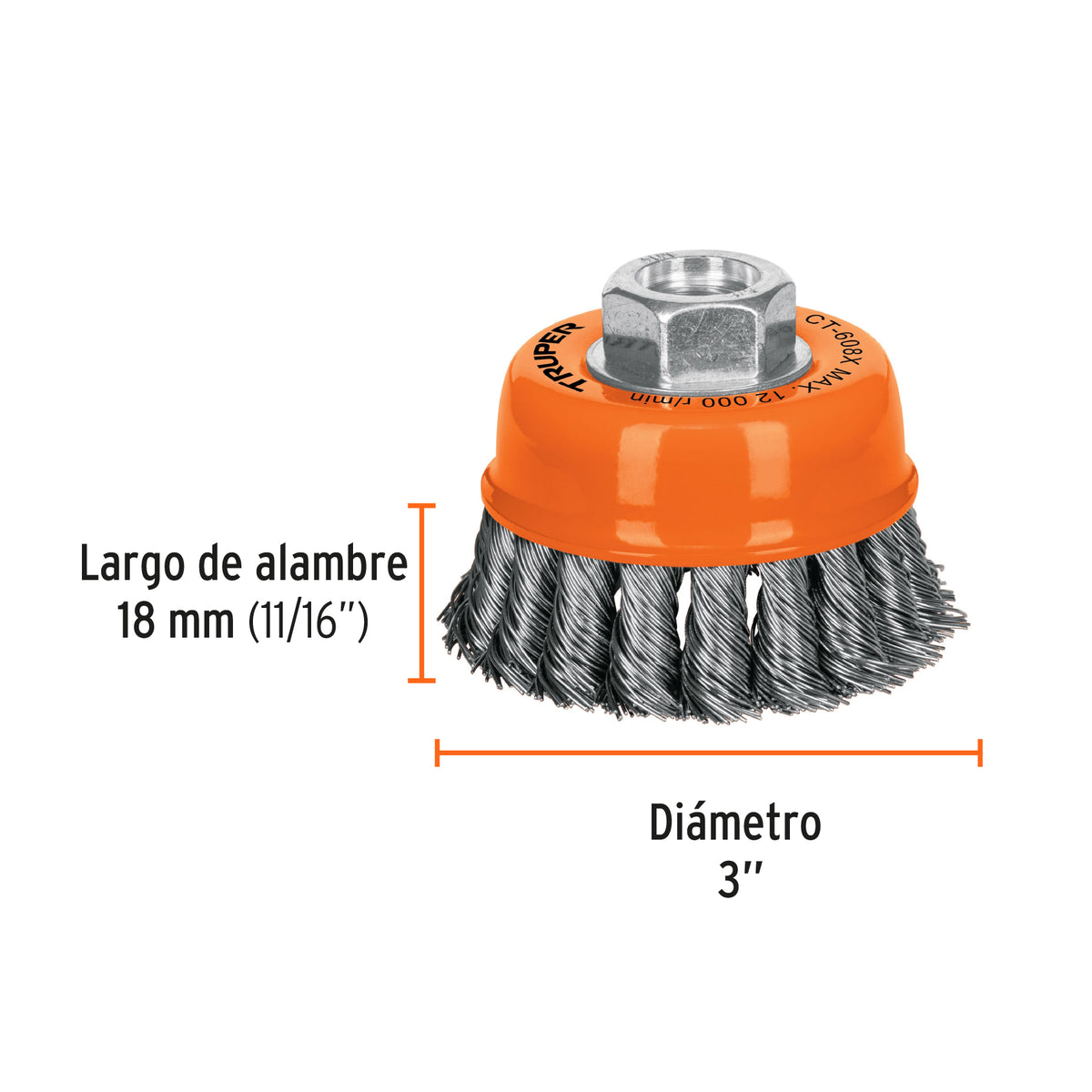 Carda copa 3" alambre trenzado grueso, eje 5/8"-11 · vista 3