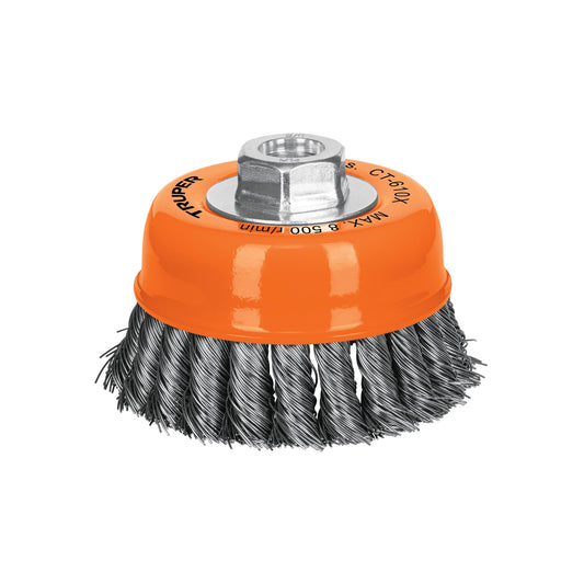 Carda copa 4" alambre trenzado grueso, eje 5/8"-11