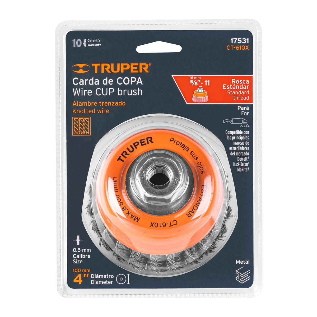 Carda copa 4" alambre trenzado grueso, eje 5/8"-11 · vista 4