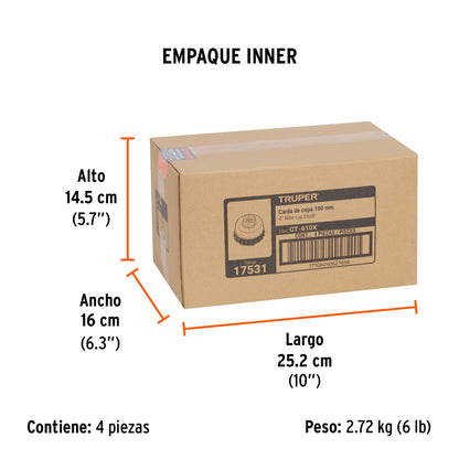 Carda copa 4" alambre trenzado grueso, eje 5/8"-11 · vista 6