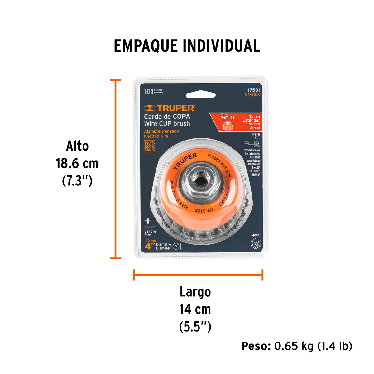 Carda copa 4" alambre trenzado grueso, eje 5/8"-11 · vista 5