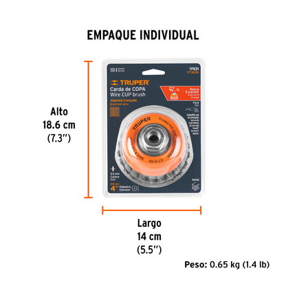 Carda copa 4" alambre trenzado grueso, eje 5/8"-11 · vista 5