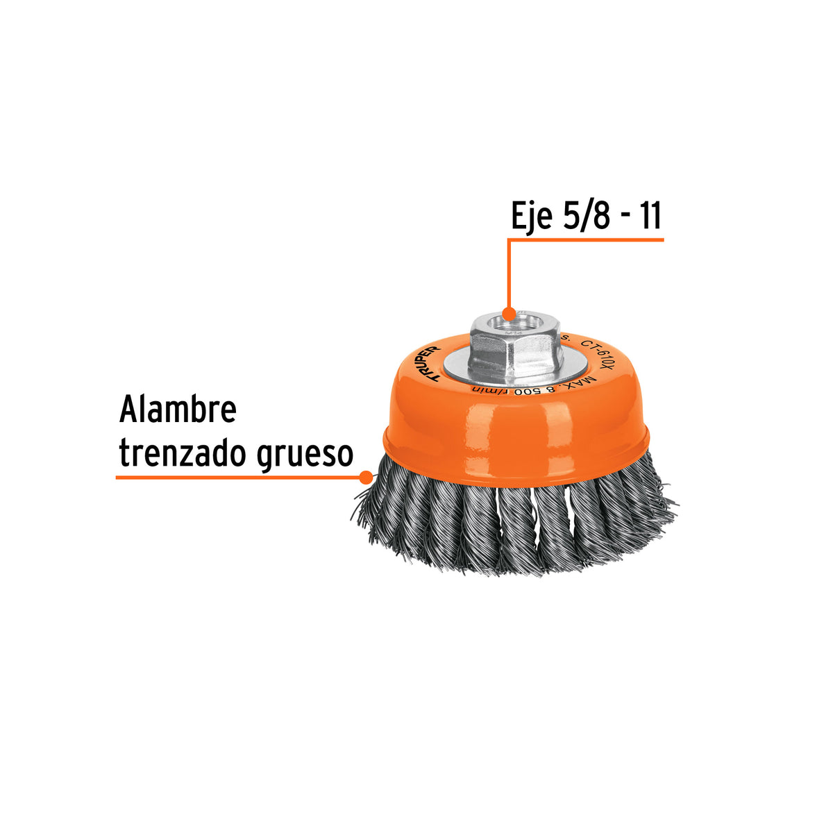 Carda copa 4" alambre trenzado grueso, eje 5/8"-11 · vista 2