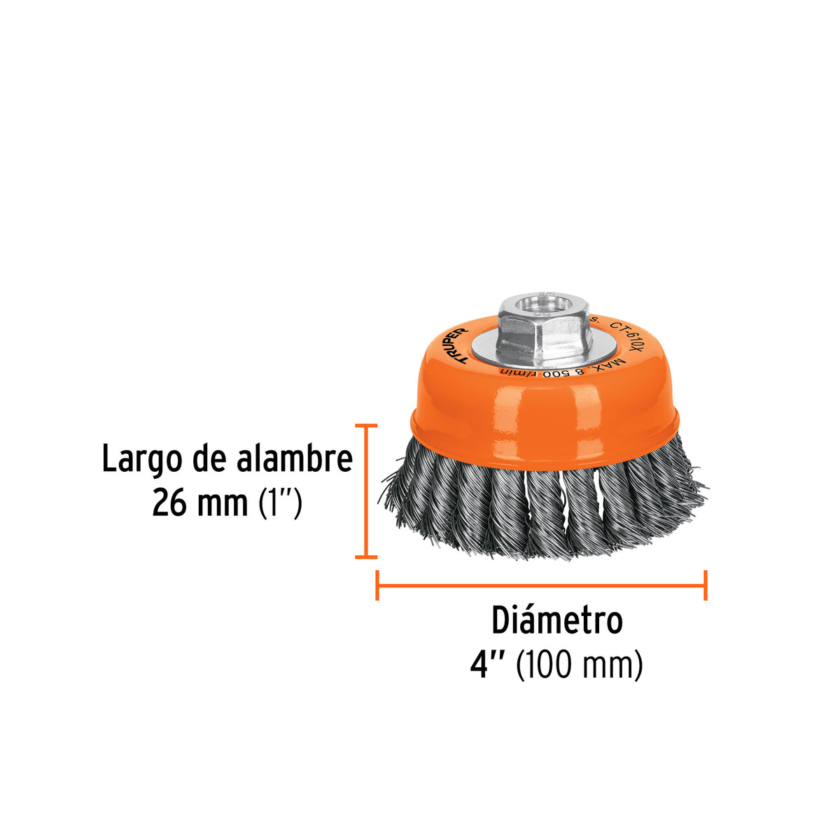 Carda copa 4" alambre trenzado grueso, eje 5/8"-11 · vista 3
