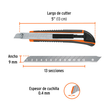 Cutter profesional de 9 mm con alma metálica y grip