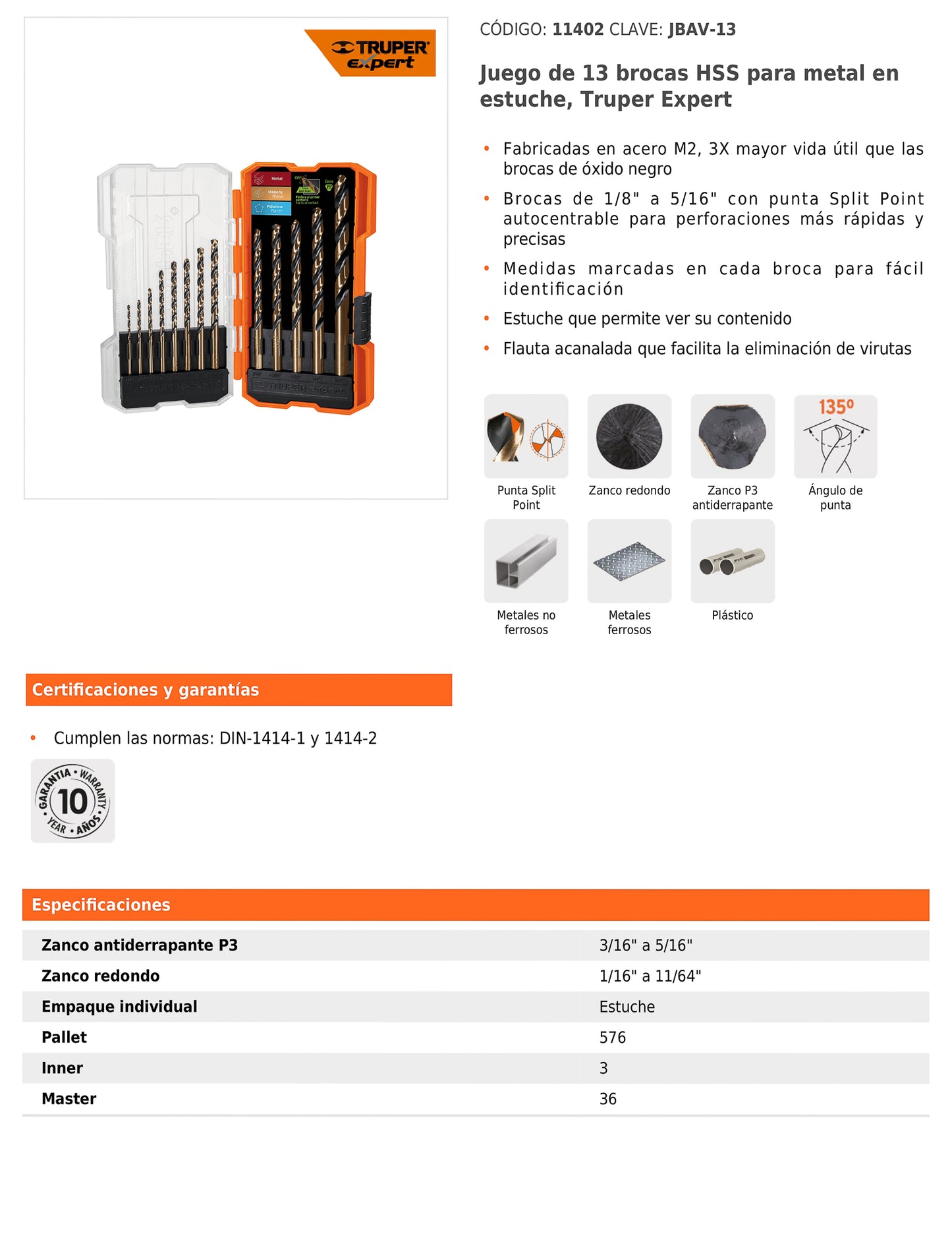 Juego de 13 brocas HSS para metal en estuche con punta Split Point