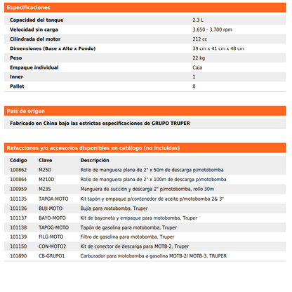 Motobomba autocebante de 2"x2" a gasolina de 7 HP para uso agrícola