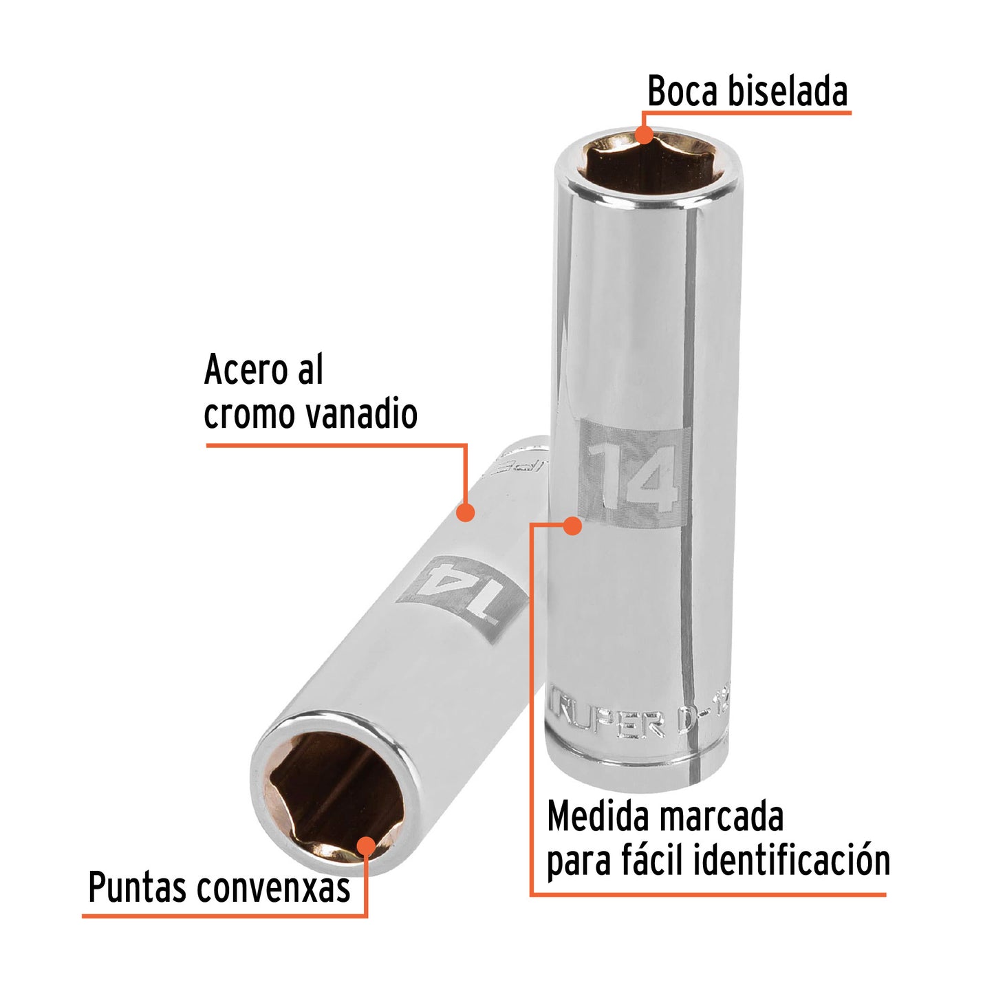 Dado largo 14 mm 6p cuadro 1/2pulg
