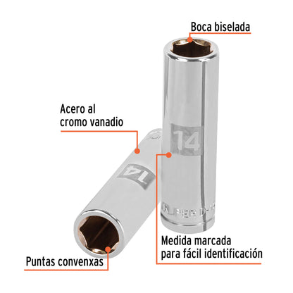 Dado largo 14 mm 6p cuadro 1/2pulg