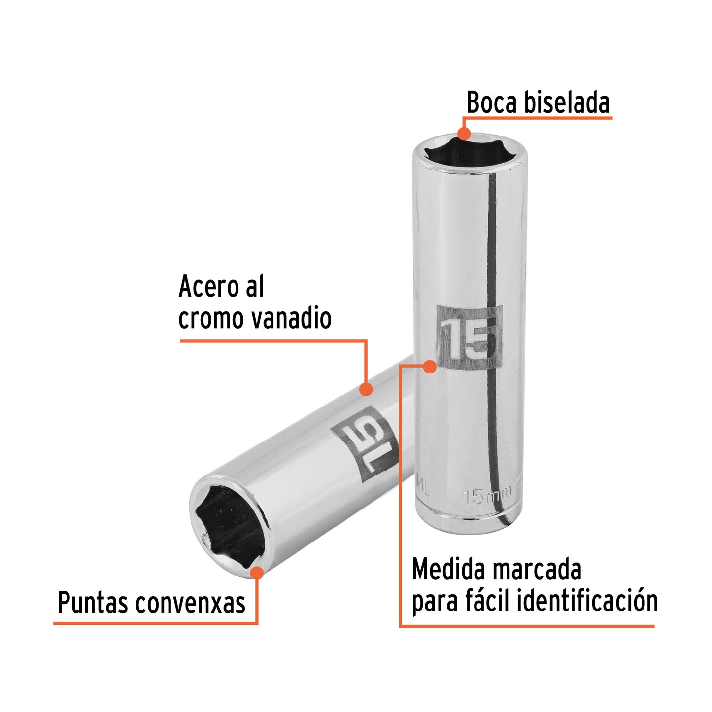 Dado largo 15 mm 6p cuadro 1/2pulg