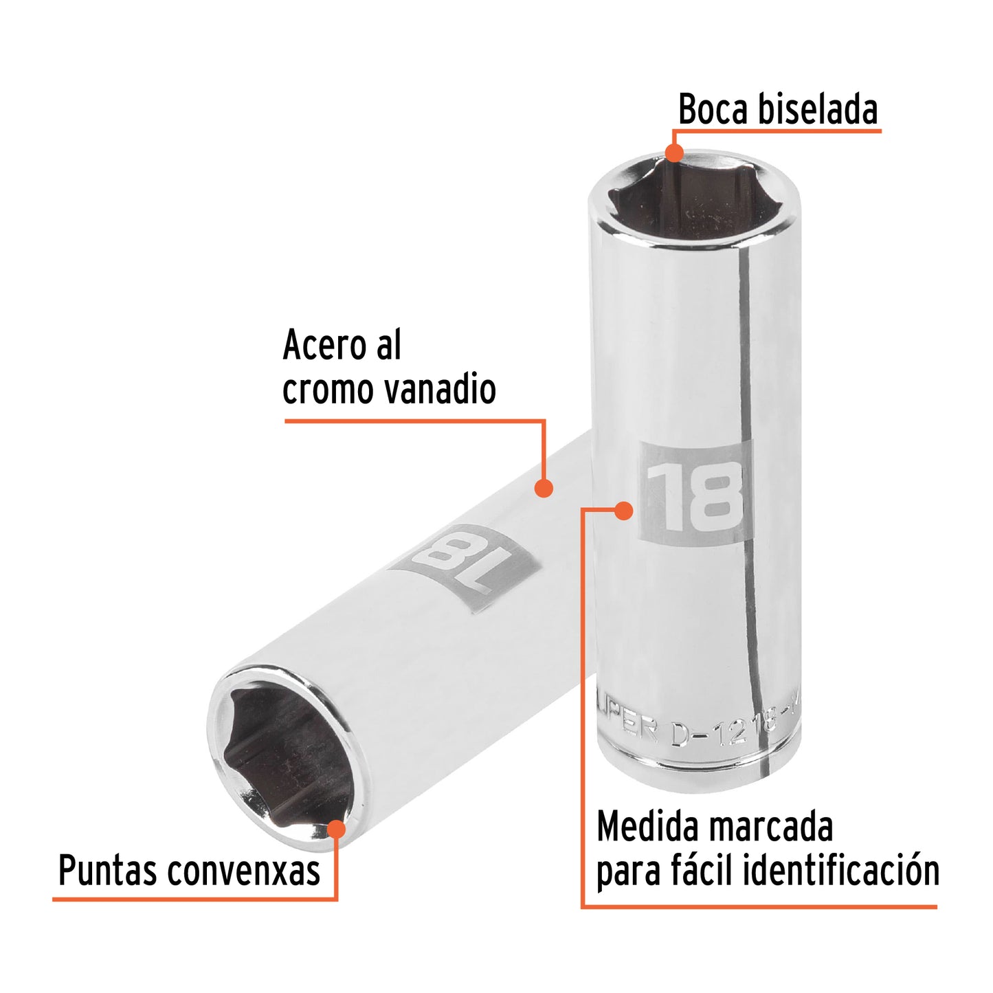 Dado largo 18 mm 6p cuadro 1/2pulg