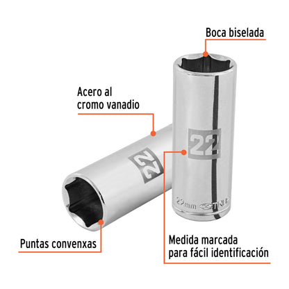 Dado largo 22 mm 6p cuadro 1/2pulg