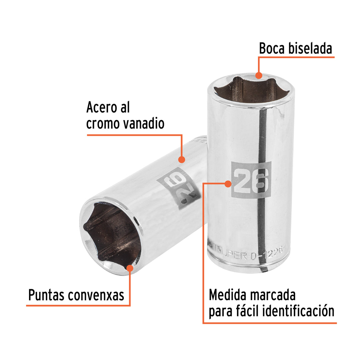 Dado largo 26 mm 6p cuadro 1/2pulg